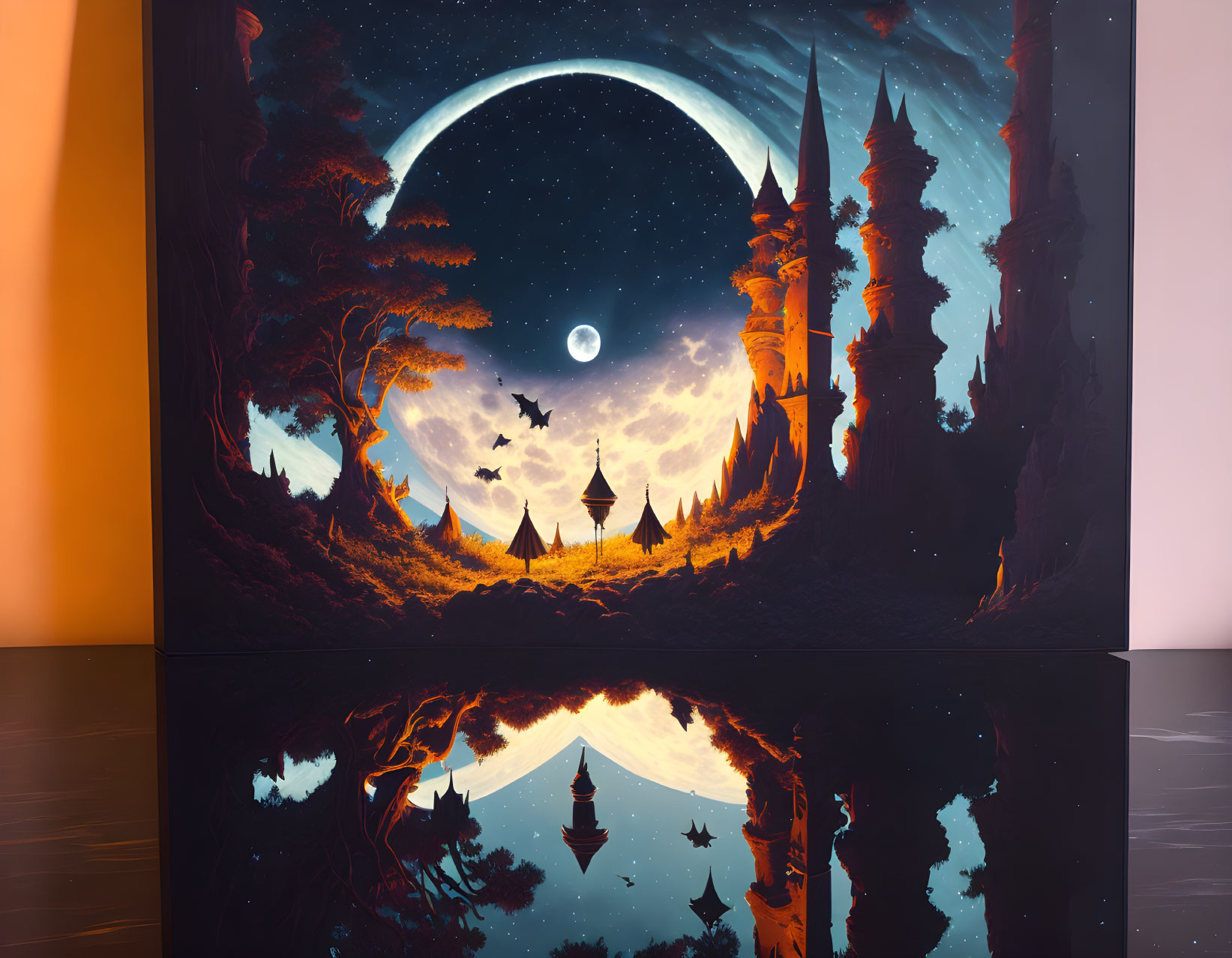 Moonlit fantasy landscape painting with towering spires and reflective surface