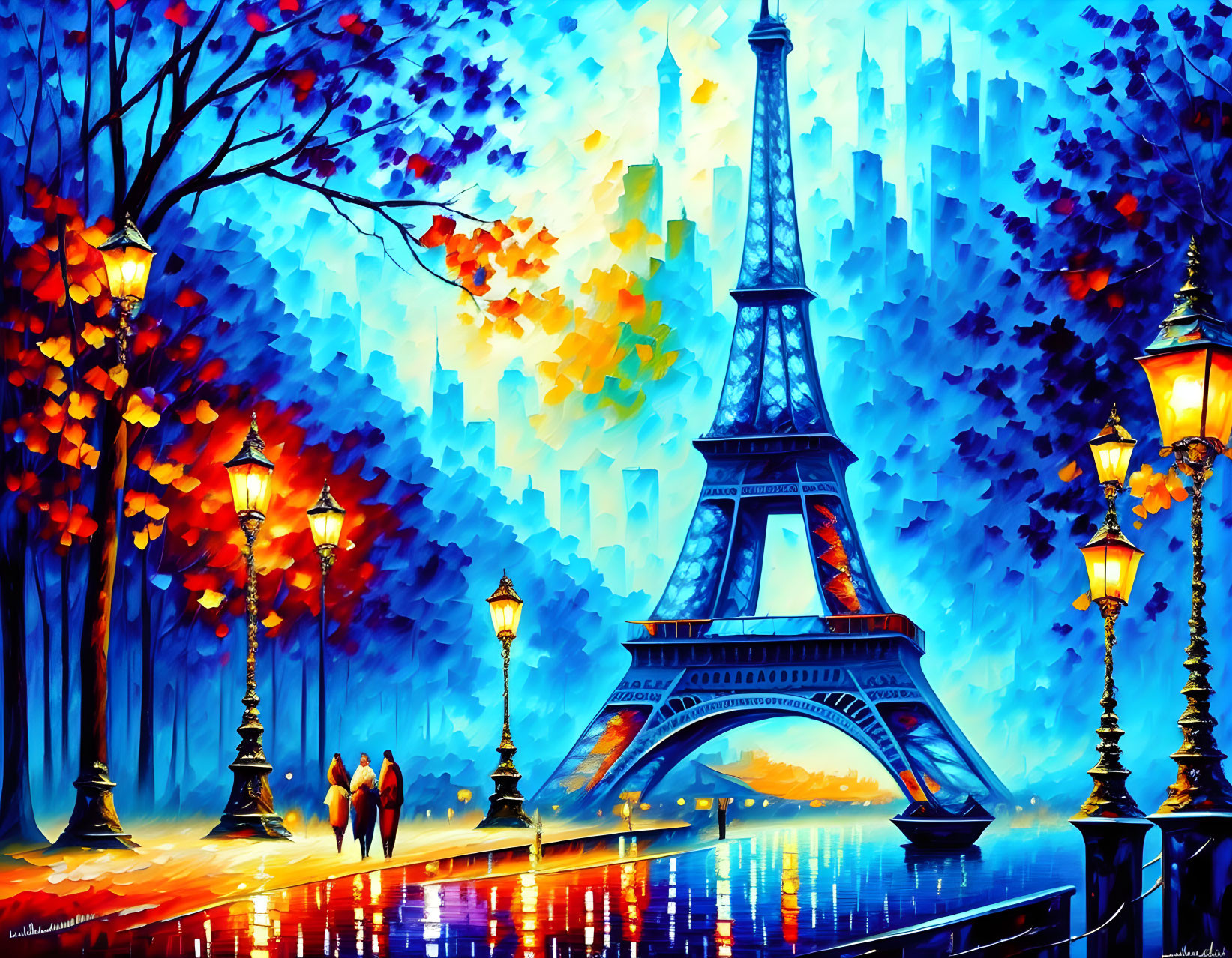 Colorful Painting of Eiffel Tower with Autumn Trees and People