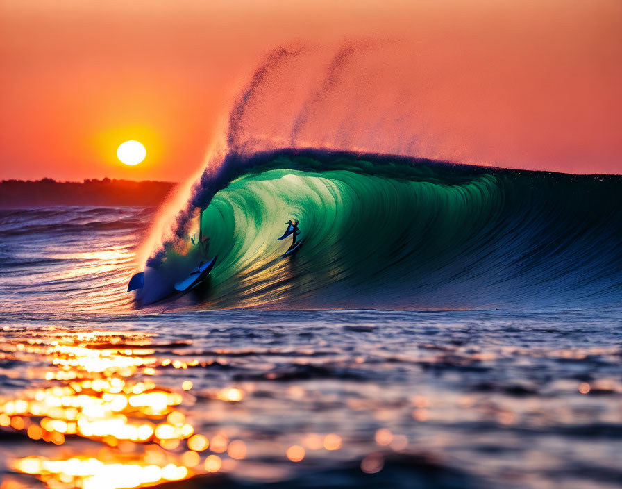 Surfer riding large wave at sunset with vibrant orange hues