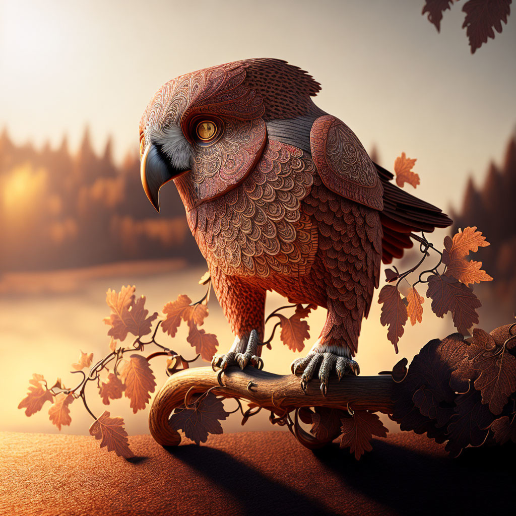 Stylized ornate owl perched on branch with intricate feather patterns