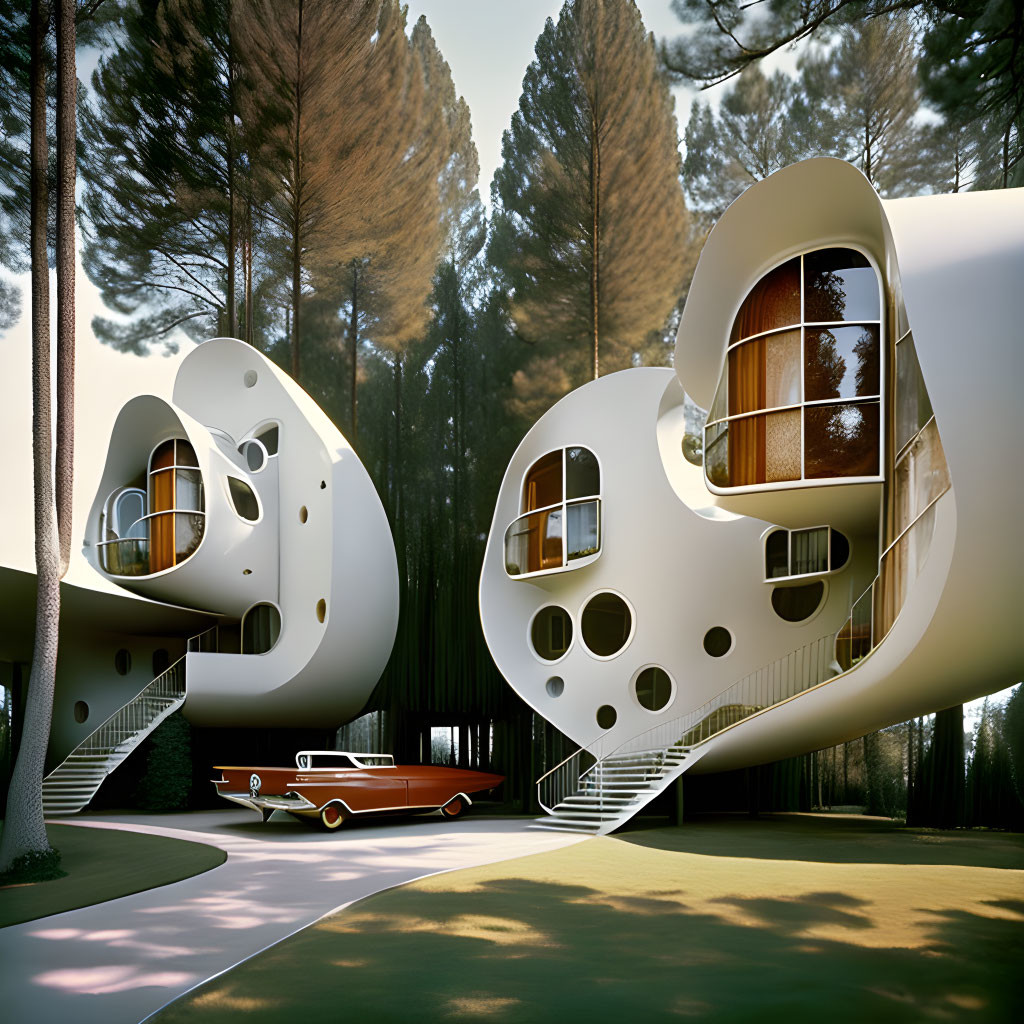Pod-Shaped Houses with Circular Windows Amid Pine Trees and Vintage Orange Car