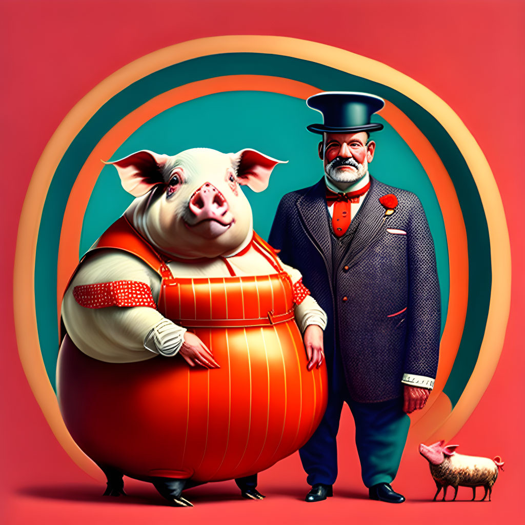 Whimsical illustration of man with top hat and pigs in suits on red-orange backdrop