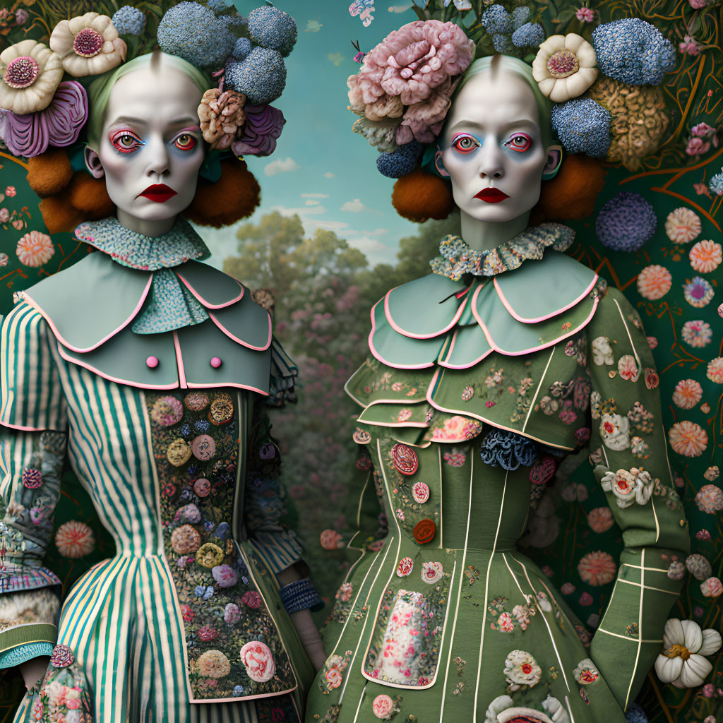 Vintage-style surreal female figures with floral headpieces and ruffled collars in front of floral backdrop