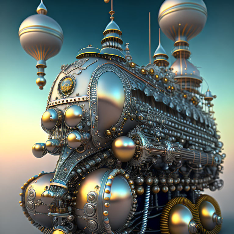Steampunk-style airship with metallic ornate details