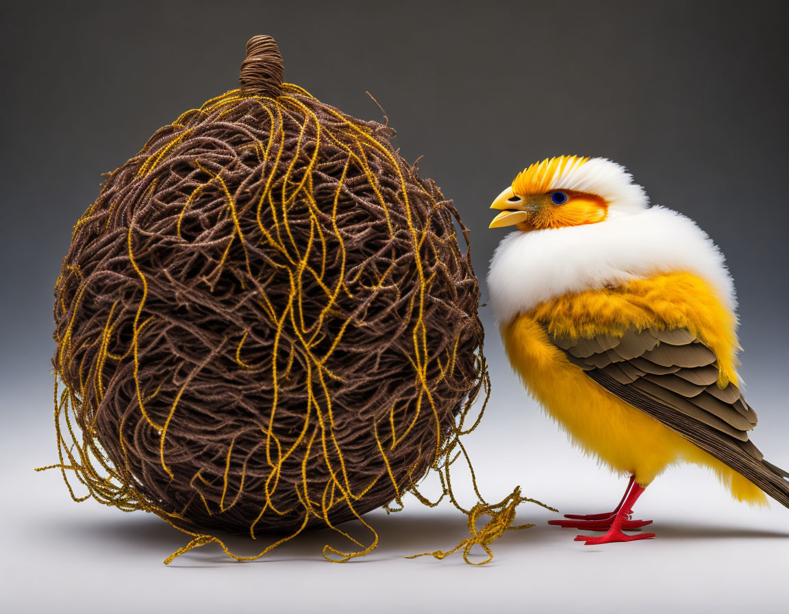 Colorful Bird with Orange, White, and Yellow Feathers Next to Large Woven Nest