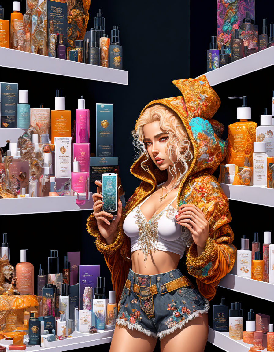 Stylized illustration of woman with golden hair posing with product in beauty store.