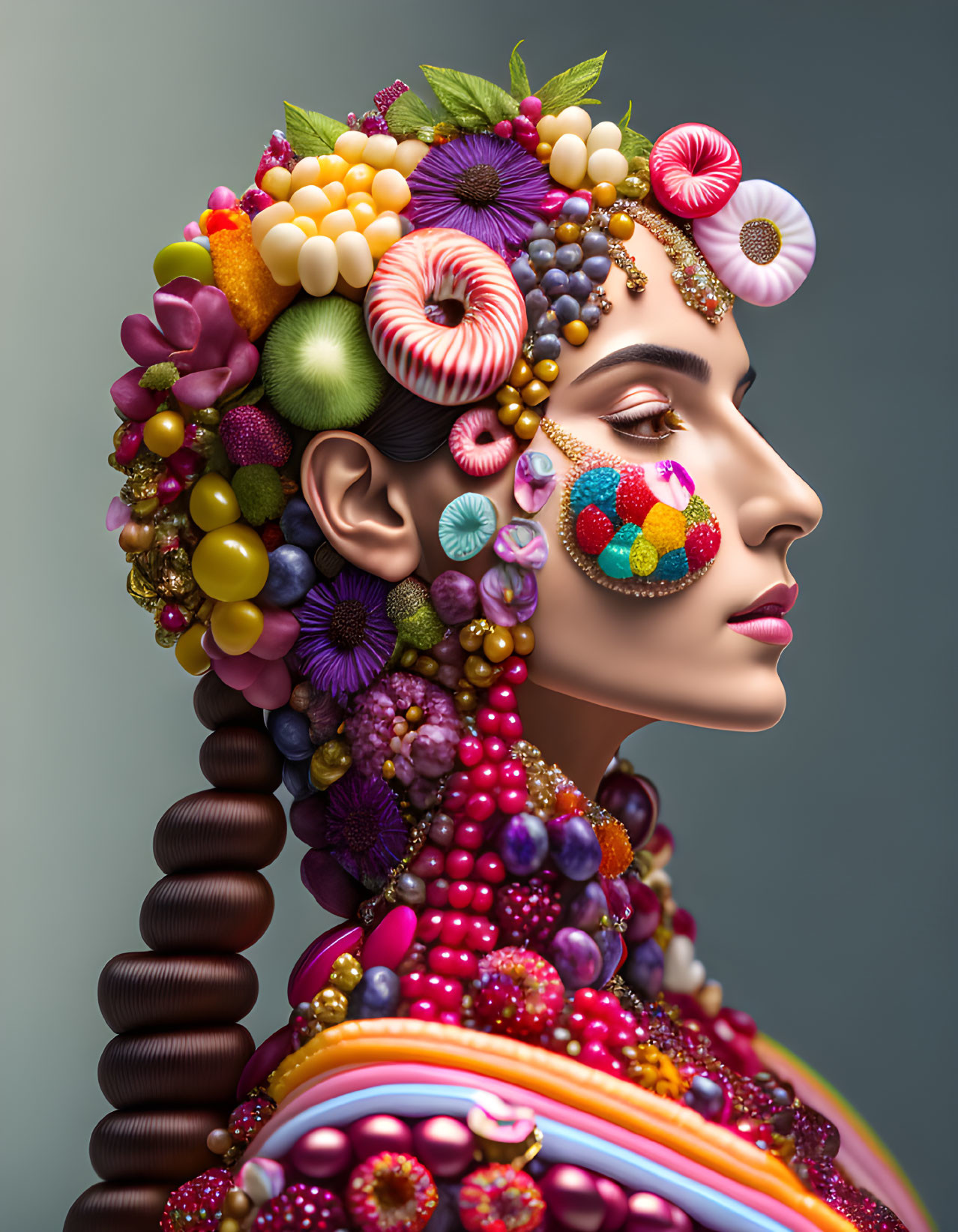 Vibrant artwork featuring woman adorned with colorful fruits, flowers, and candies