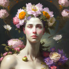 Portrait of person with serene expression surrounded by blooming flowers on grey background