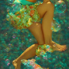 Blonde Woman Swimming Among Fishes in Aqua-Toned Underwater Scene