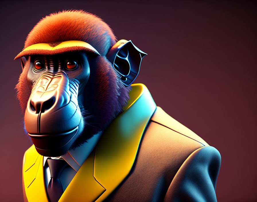 Digital artwork: Baboon with human-like features in yellow jacket on purple background