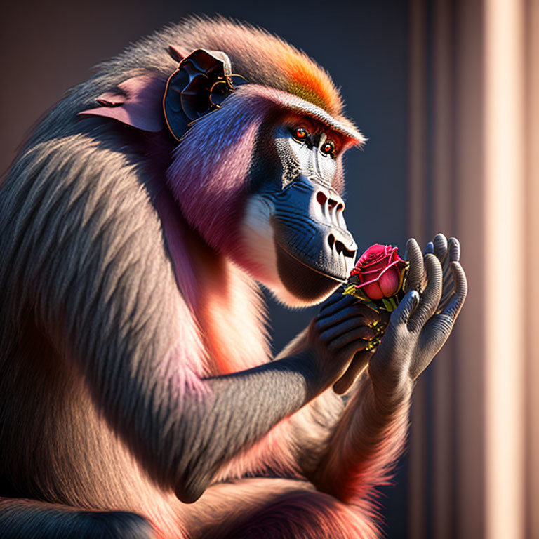 Colorful mandrill holding red rose in sunlight
