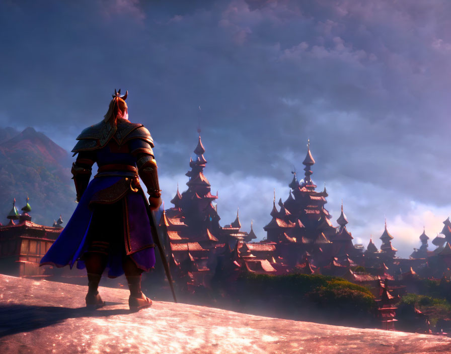 Ancient warrior in armor gazes at mystical Asian cityscape at sunset