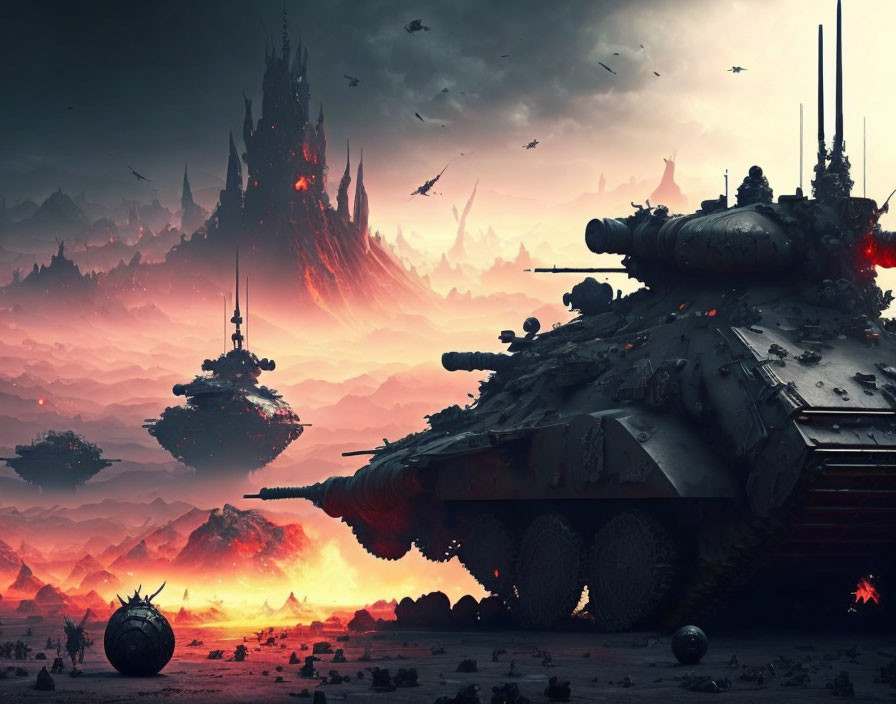 Dystopian landscape with battle-worn tank, fiery skies, floating structures, and ominous mountains