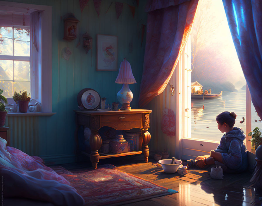 Cozy room with young person looking at lakeside view in soft morning light