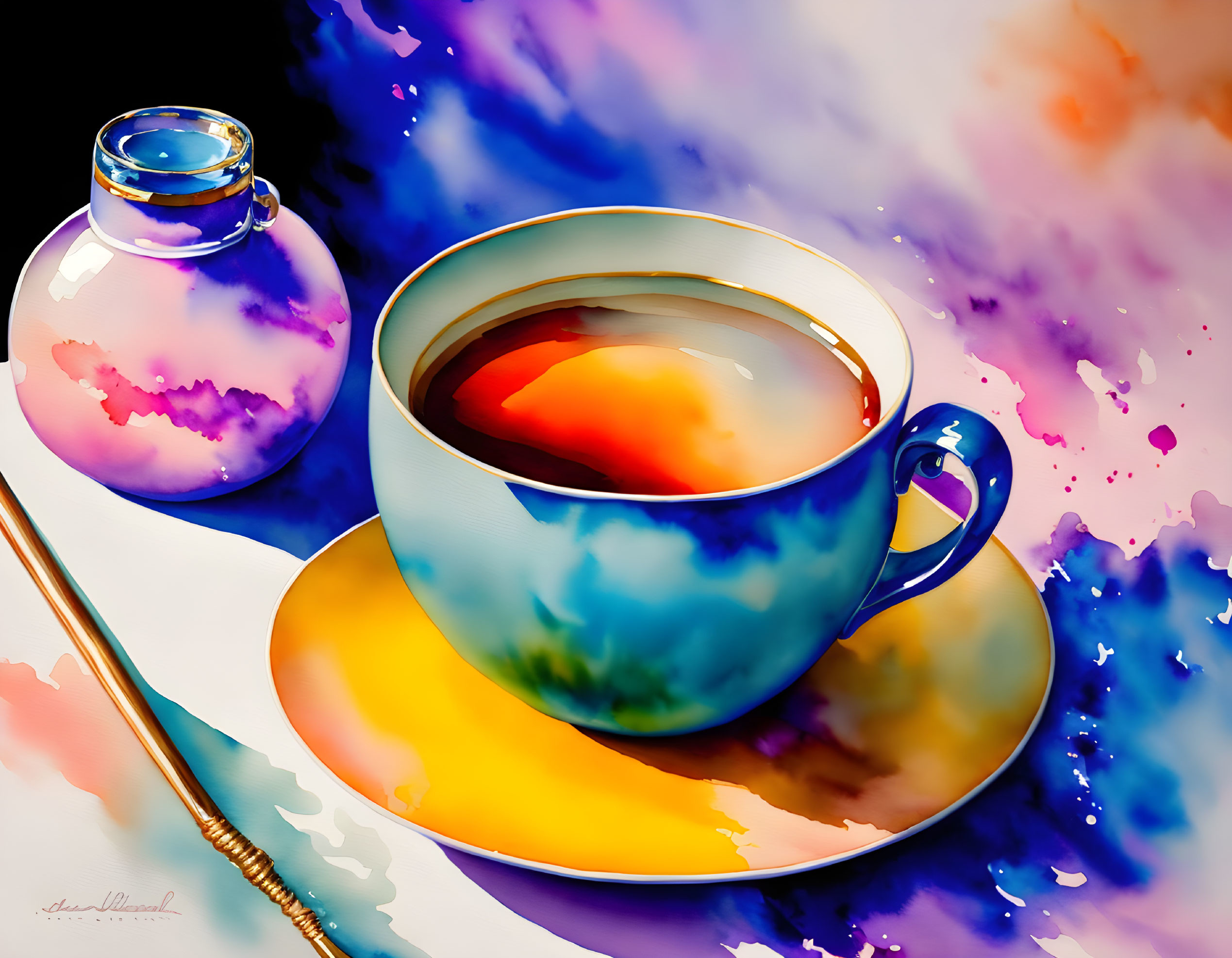 Colorful Watercolor Illustration of Tea Cup, Spoon, and Ink Bottle