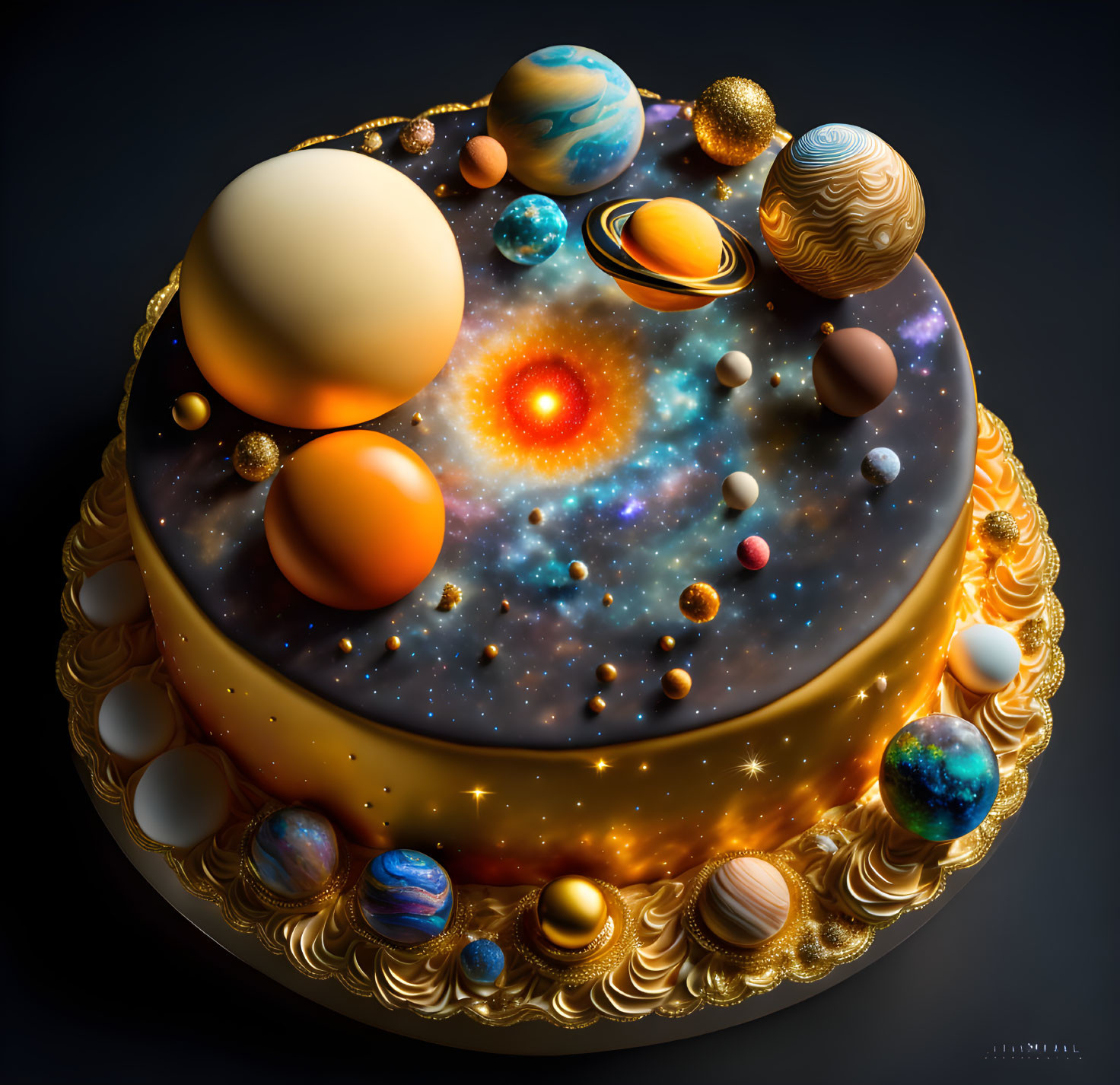 Cosmic-themed cake with planets, stars, and galaxy design