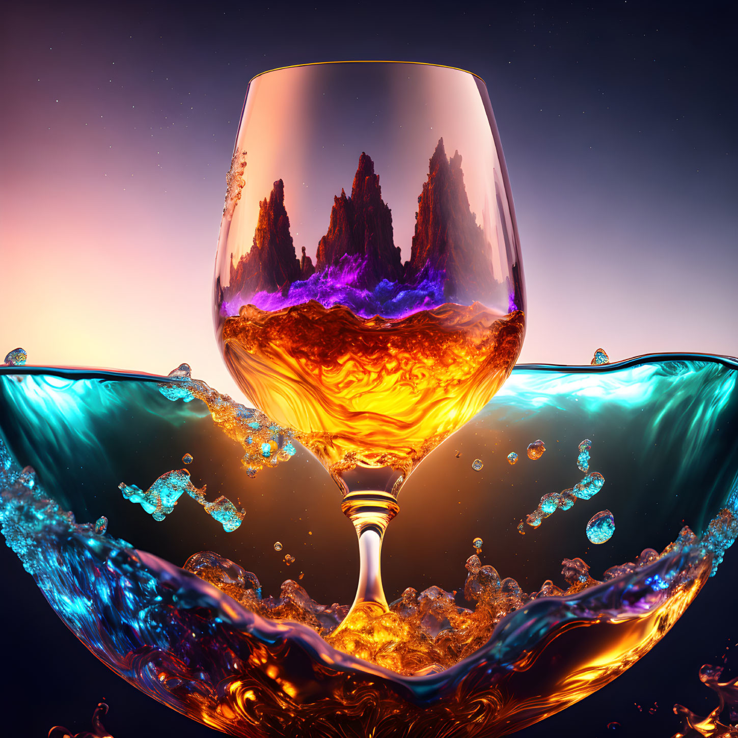 Surreal wine glass with mountain peaks in blue liquid splash