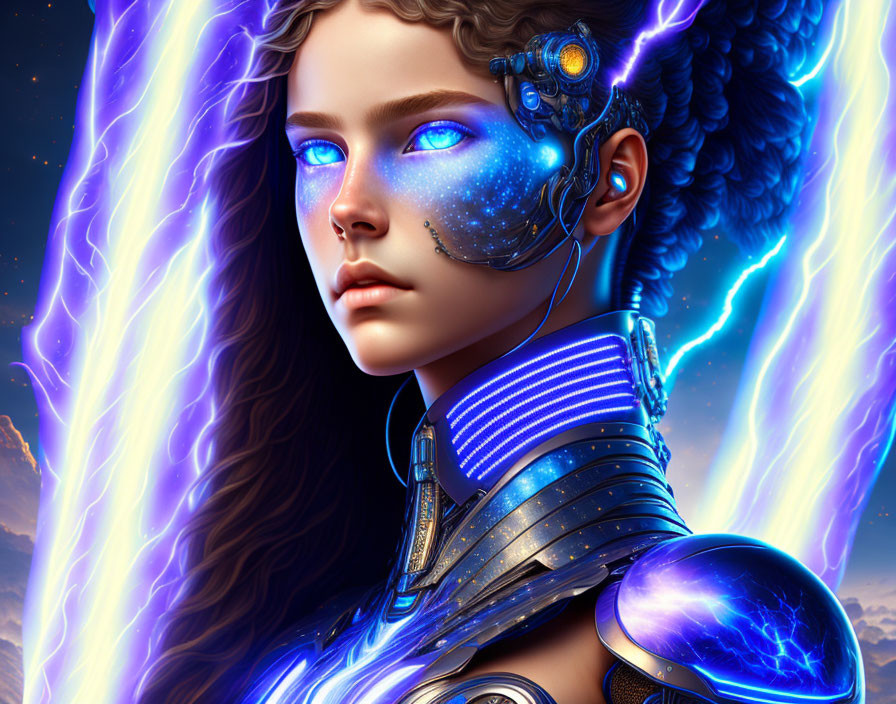 Female cyborg digital art: Blue-eyed, cybernetic enhancements, lightning backdrop symbolizing tech-human