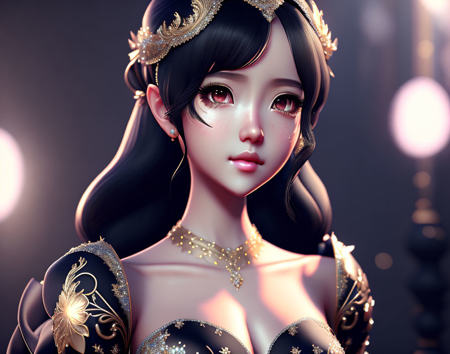 Stylized 3D image of a girl with expressive eyes and golden hair accessories