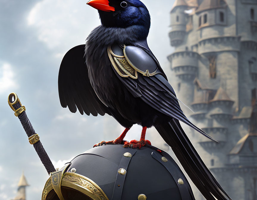 Stylized black bird with blue head perches on helmet next to sword against cloudy sky and castle