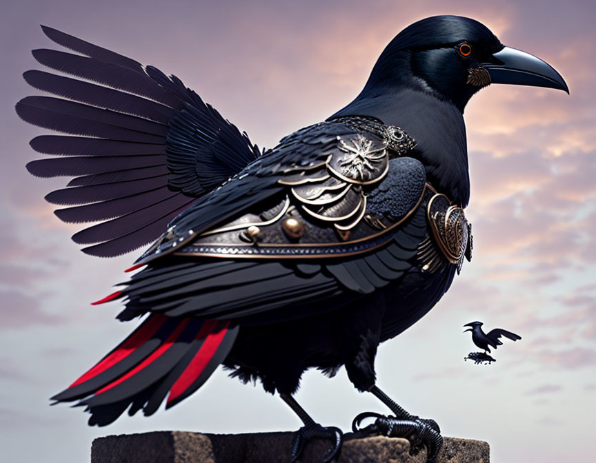 Mechanical crow art with metal feathers and red accents on stone pillar in dusky setting