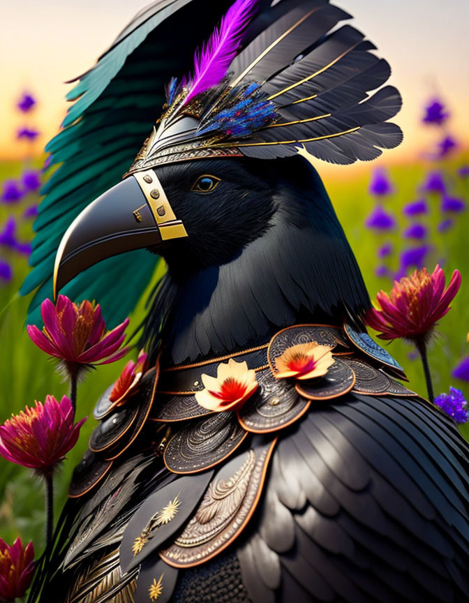 Intricately designed anthropomorphic raven in elegant armor amidst purple flowers at sunset