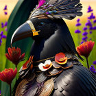 Intricately designed anthropomorphic raven in elegant armor amidst purple flowers at sunset