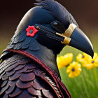 Detailed digital artwork: Stylized raven with metallic accents and red flower
