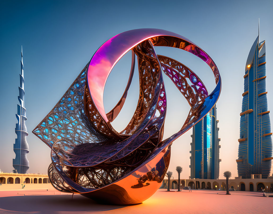 Intricate ribbon-like modern sculpture with futuristic skyscrapers at twilight