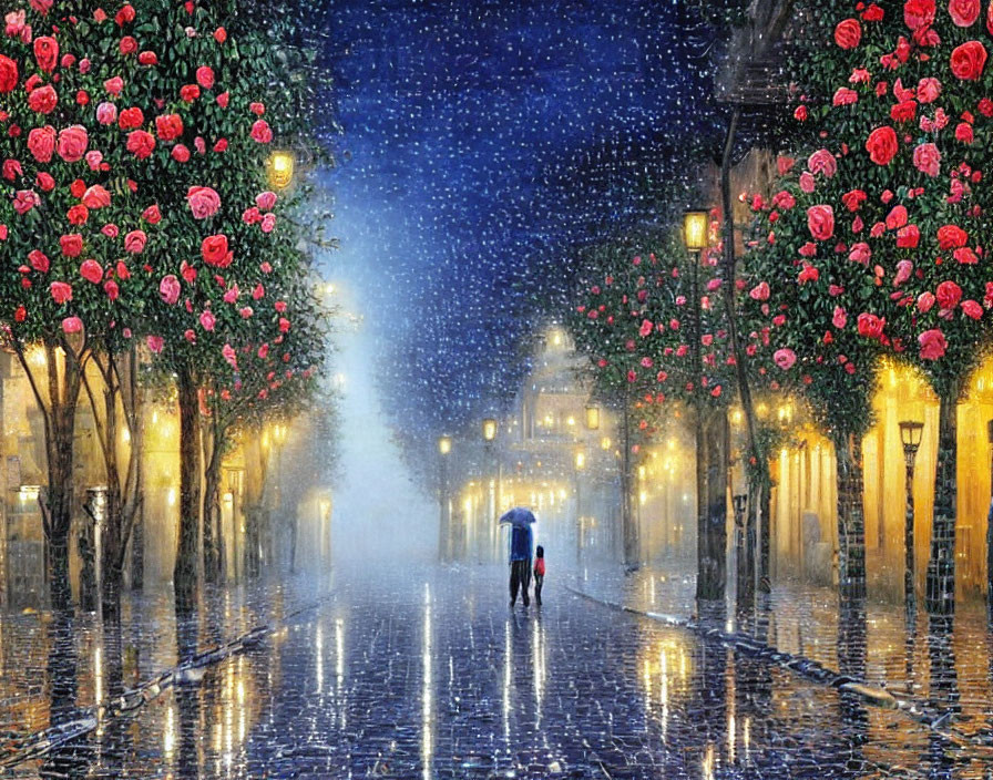 Couple walking under umbrella on rainy, flower-lined cobblestone street