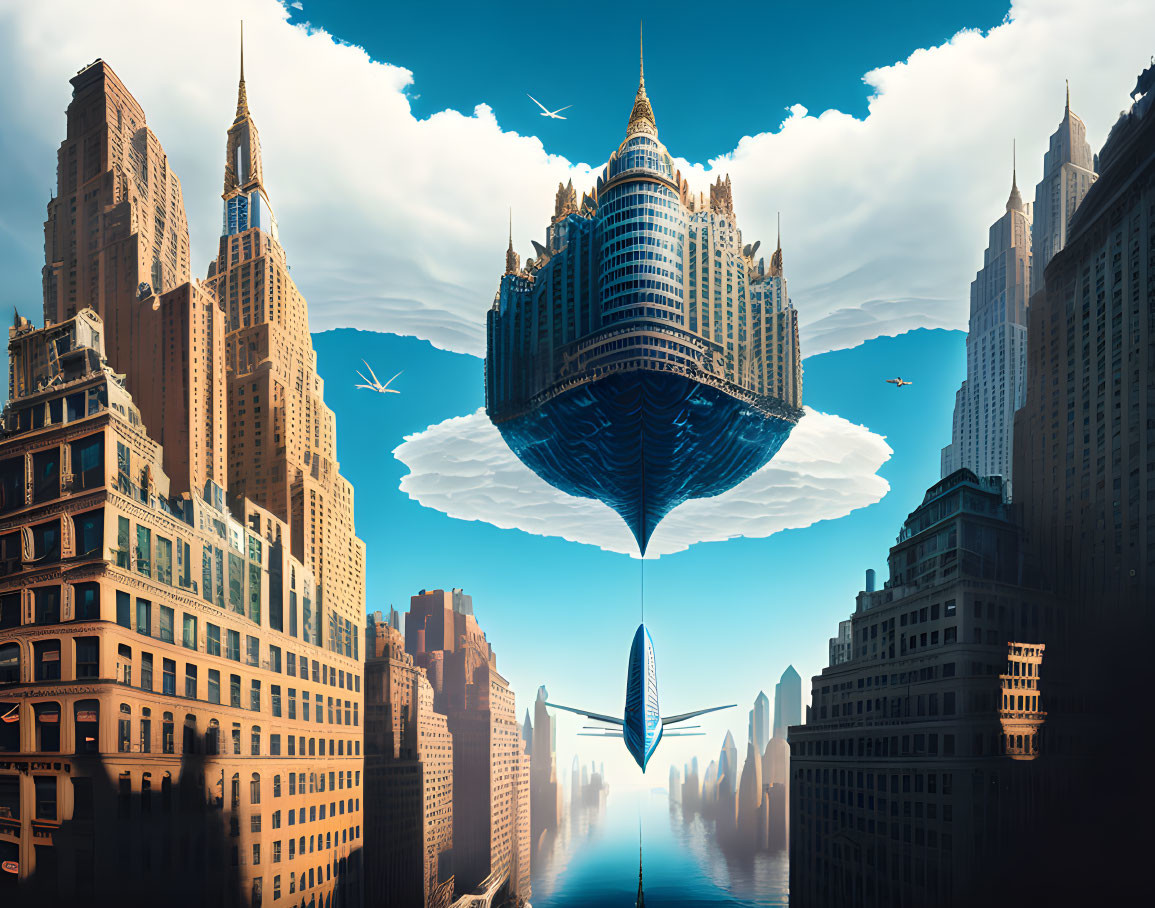 Floating inverted cityscape above river between mirrored skylines under blue sky with airplanes