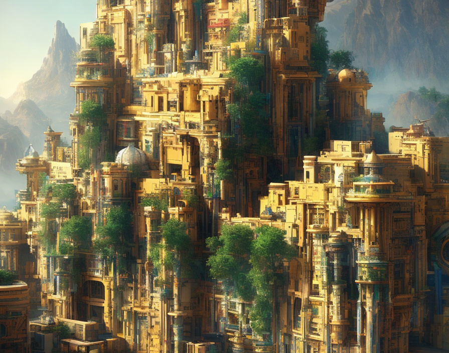 Ancient ornate cityscape amidst lush greenery and mountains