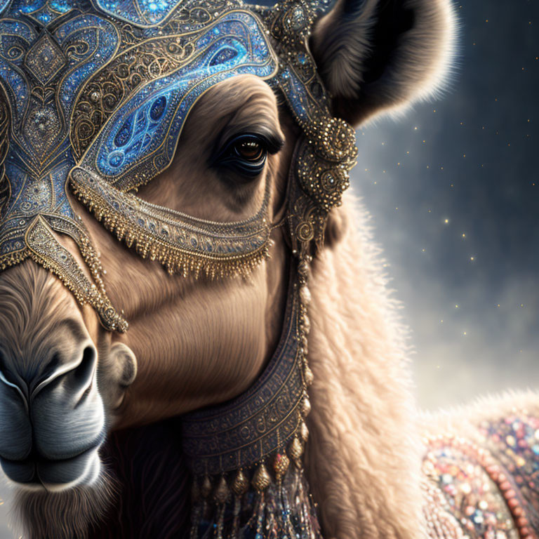 Camel adorned with jeweled bridle and cap in starry background