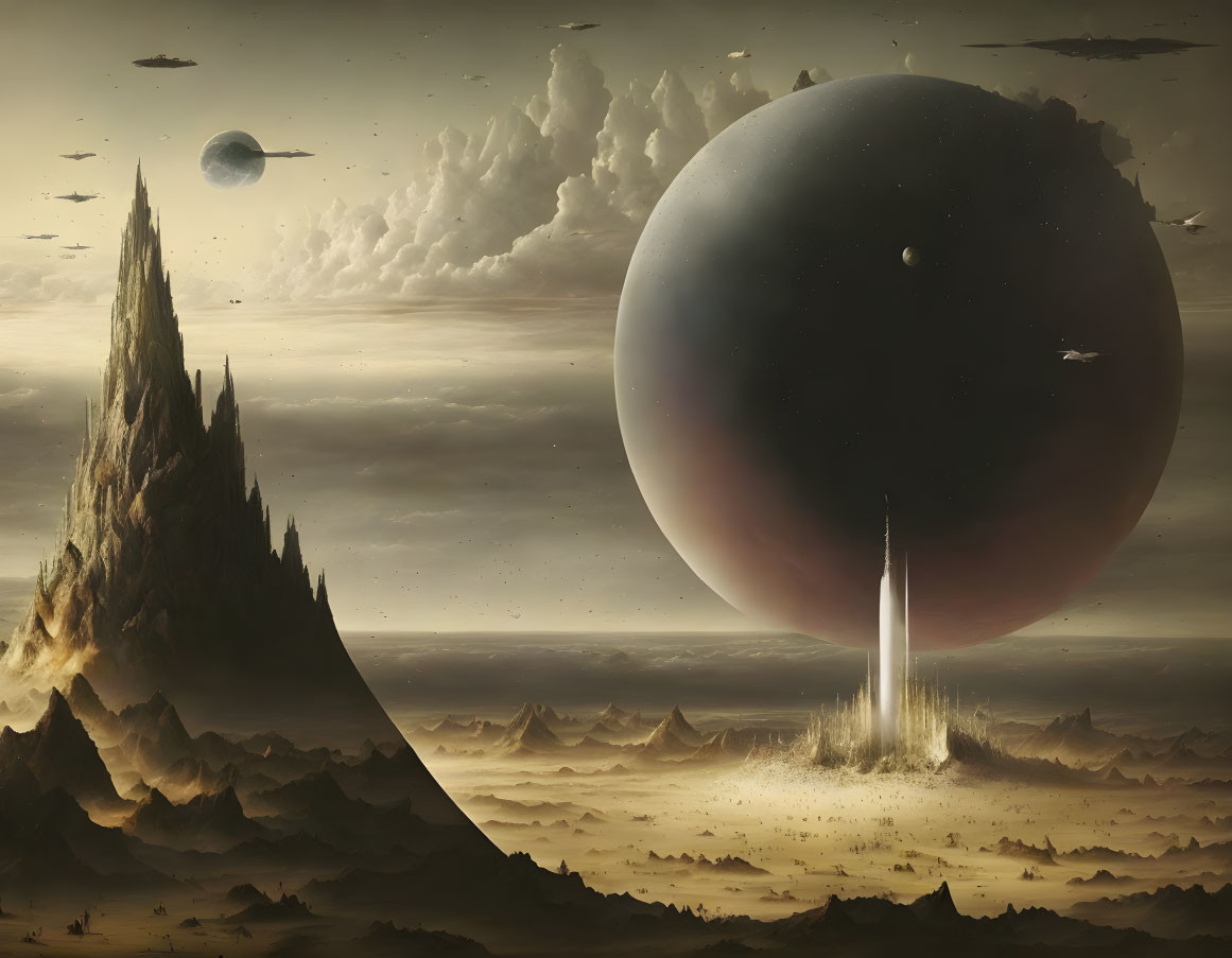Sci-fi landscape with mountainous spire, giant planets, and spacecraft launching.