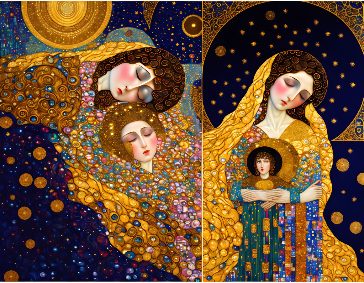 Stylized figures in ornate star-patterned garments on celestial background