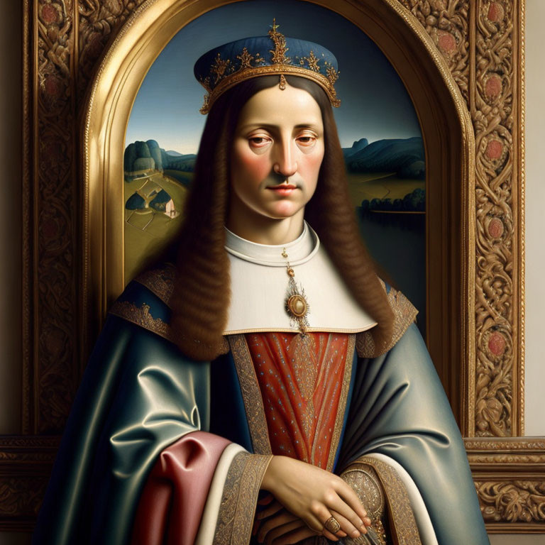 Royal portrait in regal attire with crown, framed by arch, serene landscape.