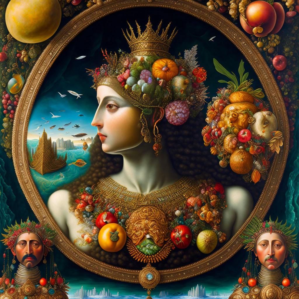 Regal female figure with fruit crown and bearded male faces in ornate portrait.