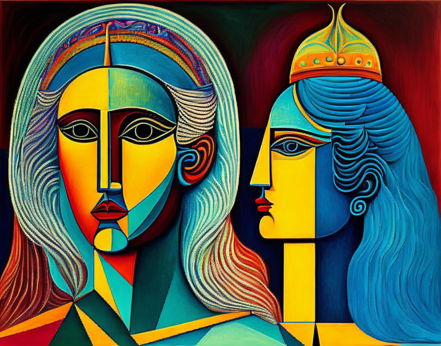 Vibrant Cubist painting of a man and woman with geometric features
