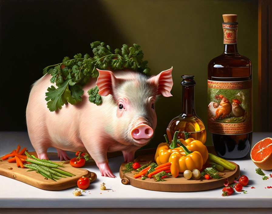 Whimsical digital art: Pig with fresh vegetables and liquor bottle