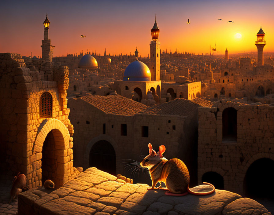Mouse overlooking ancient sunlit city with domes and towers at sunset