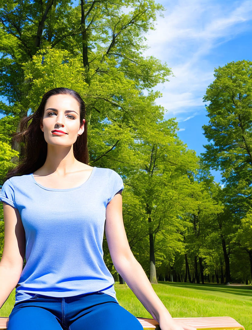 Woman in Blue Shirt Sitting on Park Bench with Green Trees and Blue Sky