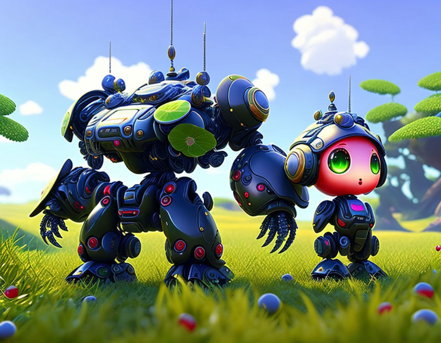 Colorful 3D illustration: Large quadrupedal robot and small humanoid robot in green me