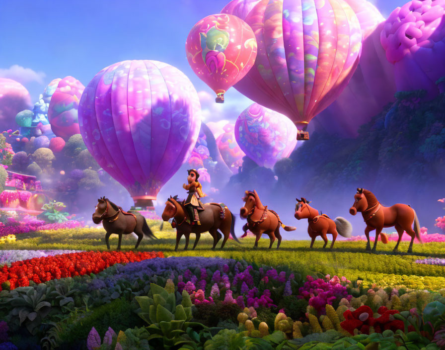 Colorful animated scene: character on horse leads group through flower field with whimsical hot air balloons