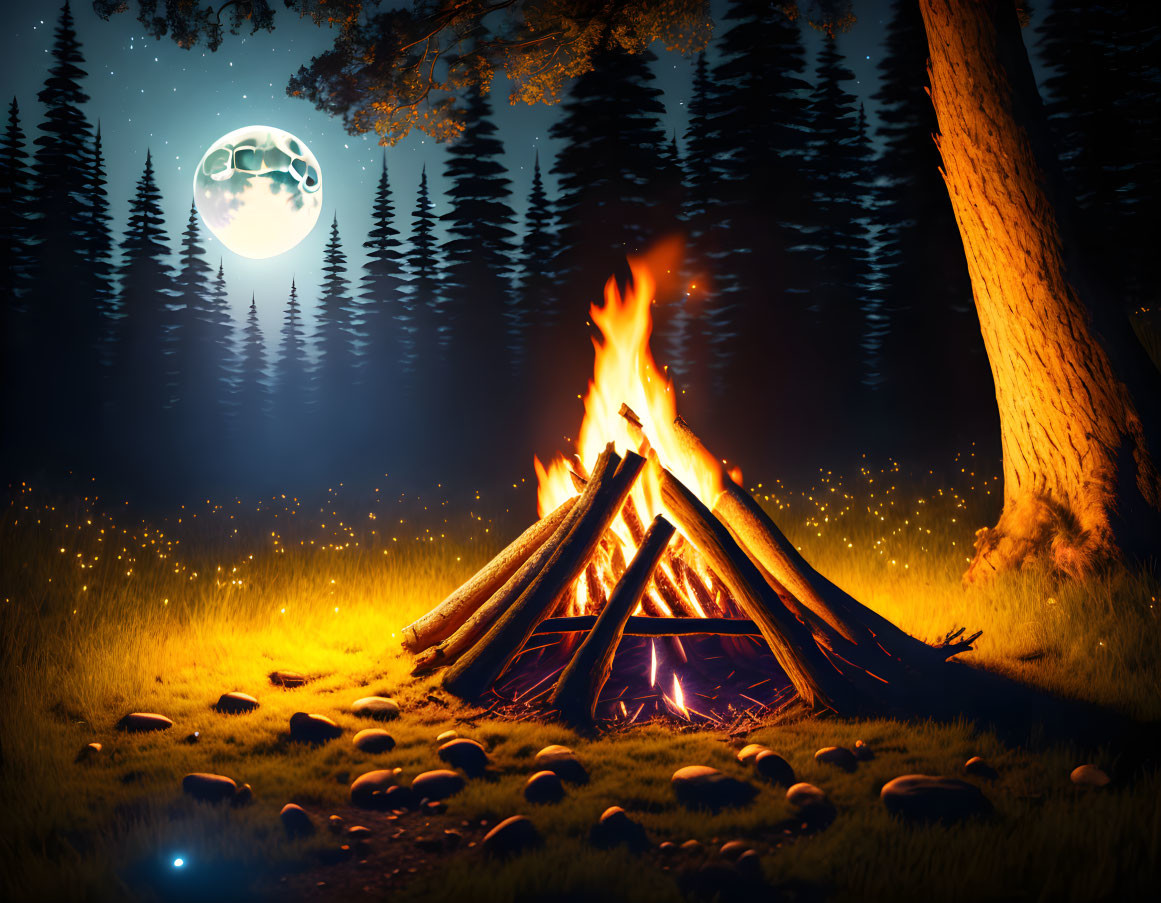 Moonlit campfire in dark forest with fireflies