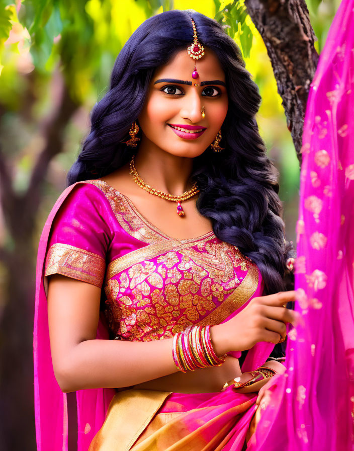 Traditional Indian Woman in Pink and Gold Saree Smiling Under Yellow Flower Tree