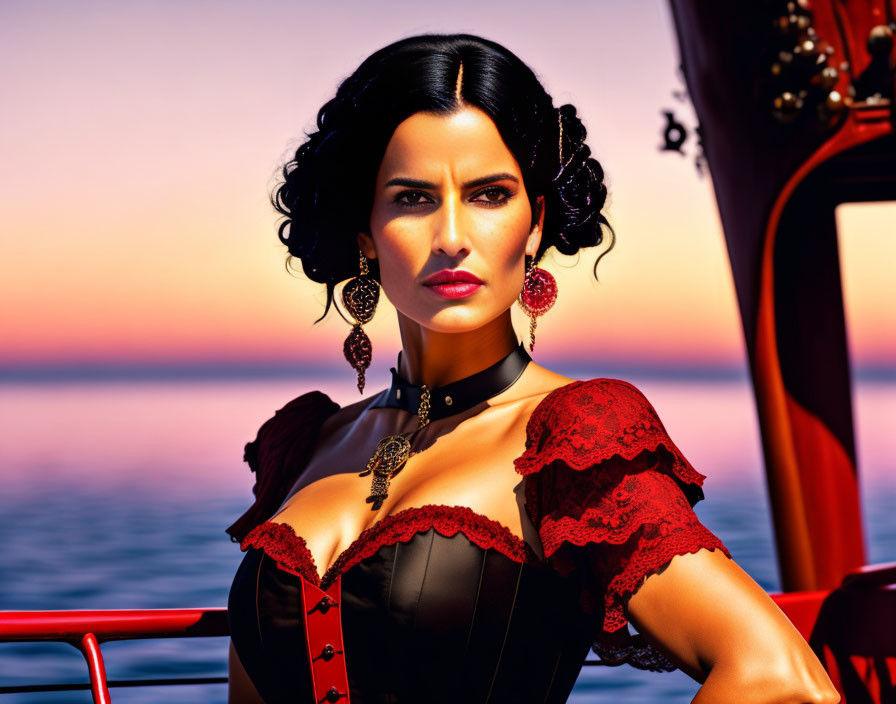 Woman in red lace corset top on boat at sunset with sleek dark hair