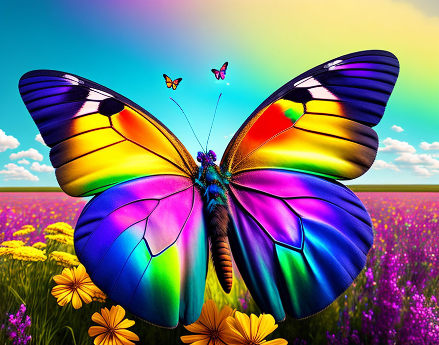 Colorful butterfly with rainbow wings in a field of purple flowers