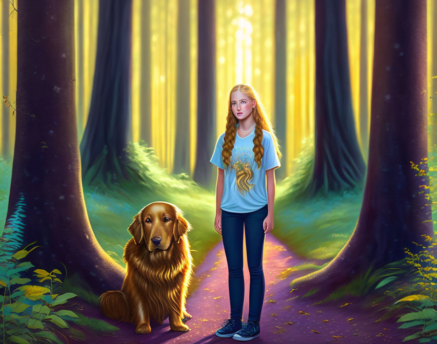 Young woman with long braid in sunlit forest clearing with golden retriever