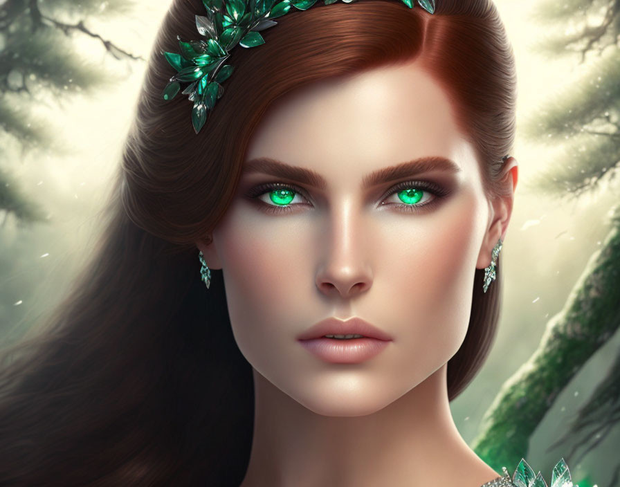 Digital artwork featuring woman with vibrant green eyes and emerald jewelry against leafy backdrop