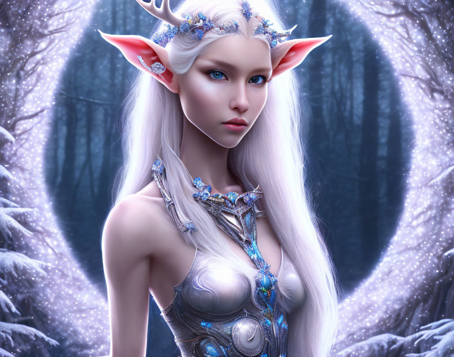 Silver-haired elf woman with crystal adornments in frosty forest